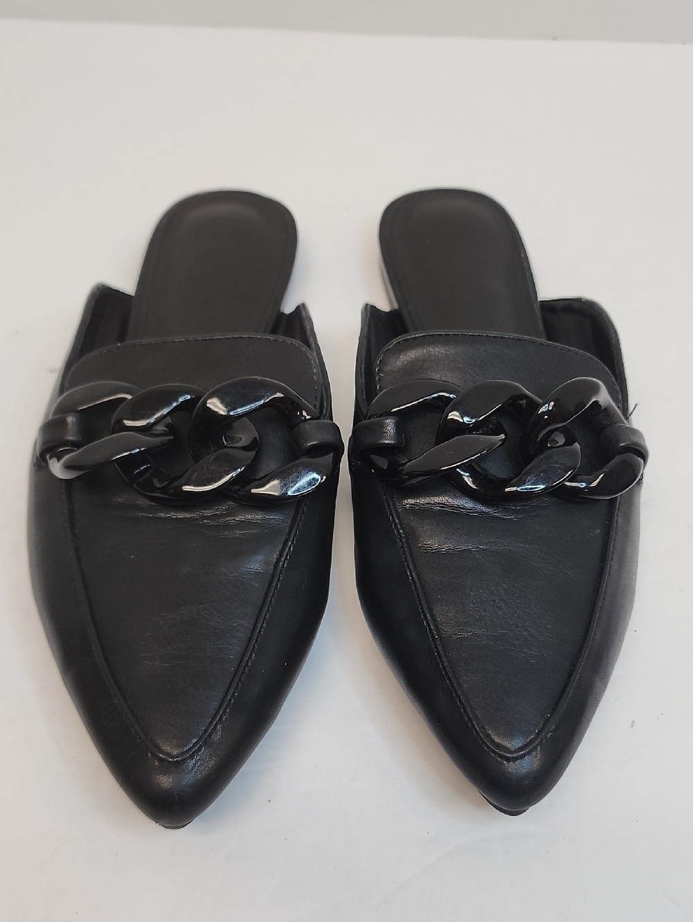 Black Pointed Toe Mule Flats Chain Slip On Size 5